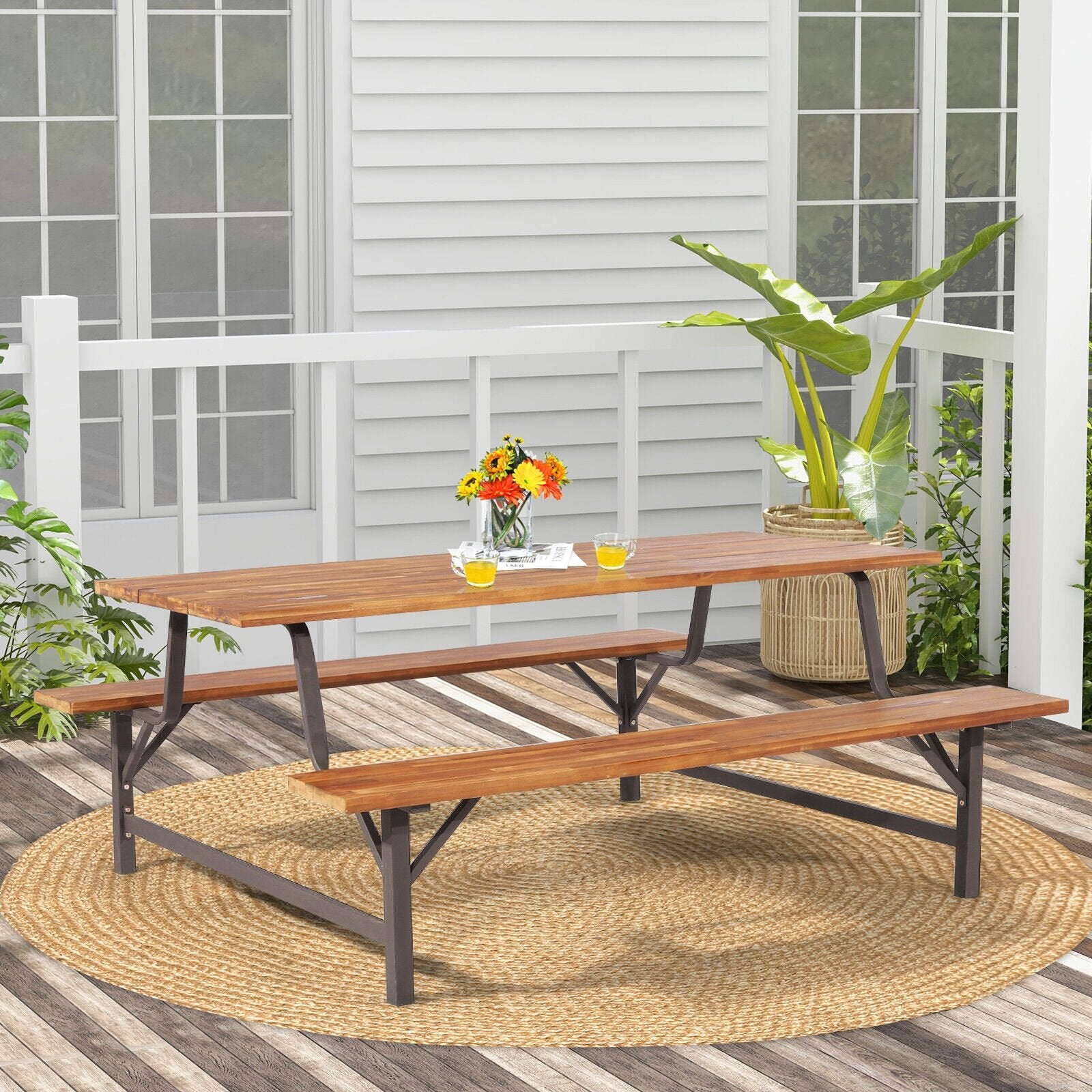 6-Person Outdoor Picnic Table and Bench Set with 2 Inch Umbrella Hole, Natural Picnic Tables   at Gallery Canada