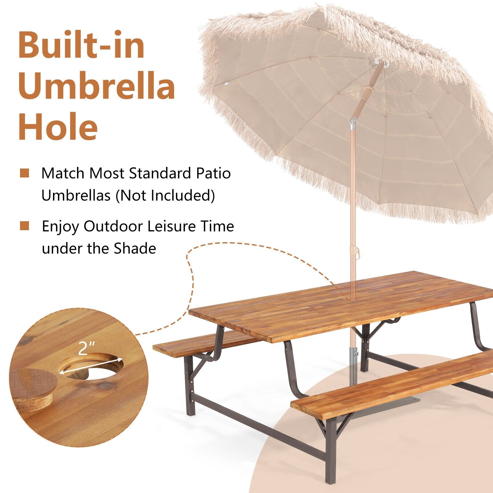 6-Person Outdoor Picnic Table and Bench Set with 2 Inch Umbrella Hole, Natural Picnic Tables   at Gallery Canada