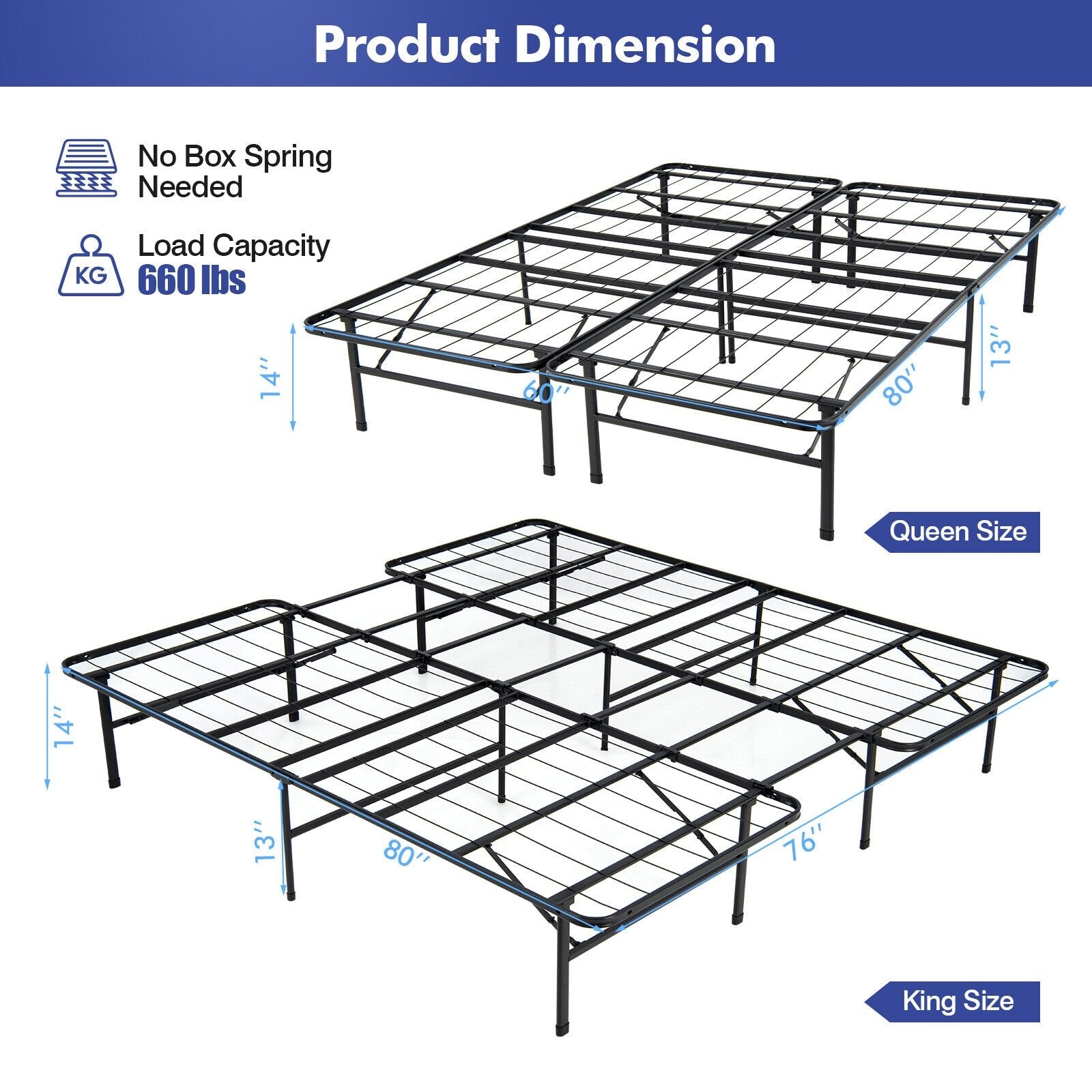 Queen/King Size Folding Steel Platform Bed Frame for Kids and Adults-King Size, Black Folding Beds   at Gallery Canada