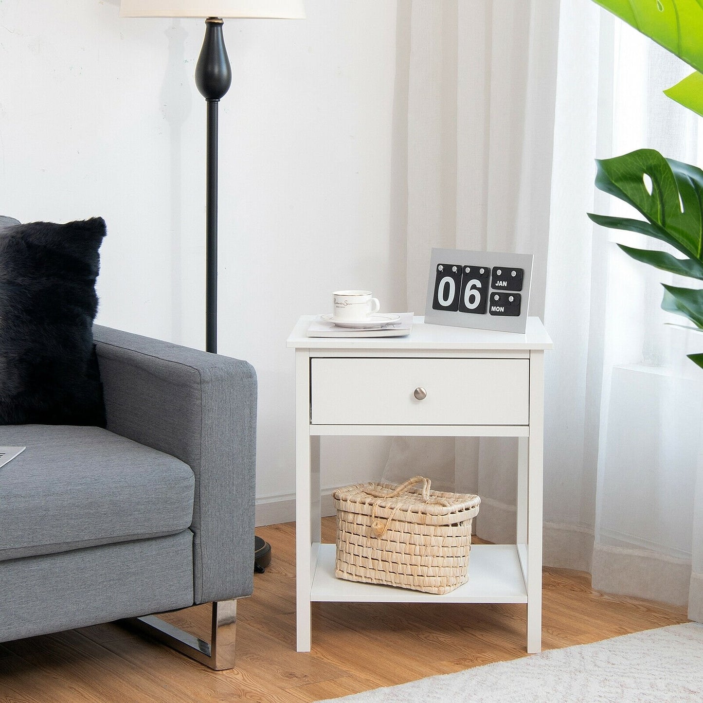 Wooden Storage Shelf with Drawer for Bedroom and Living Room, White Nightstands   at Gallery Canada