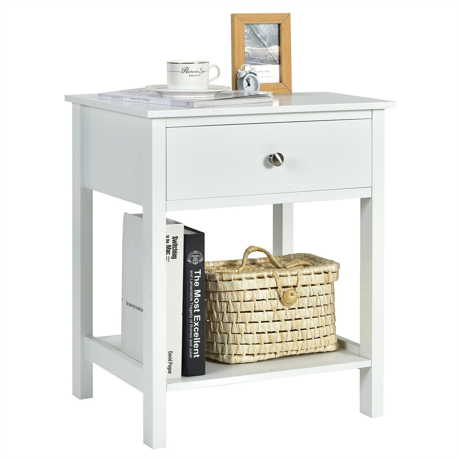 Wooden Storage Shelf with Drawer for Bedroom and Living Room, White Nightstands   at Gallery Canada