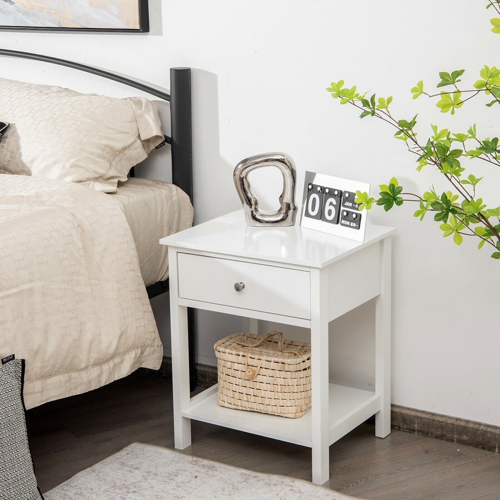 Wooden Storage Shelf with Drawer for Bedroom and Living Room, White Nightstands   at Gallery Canada