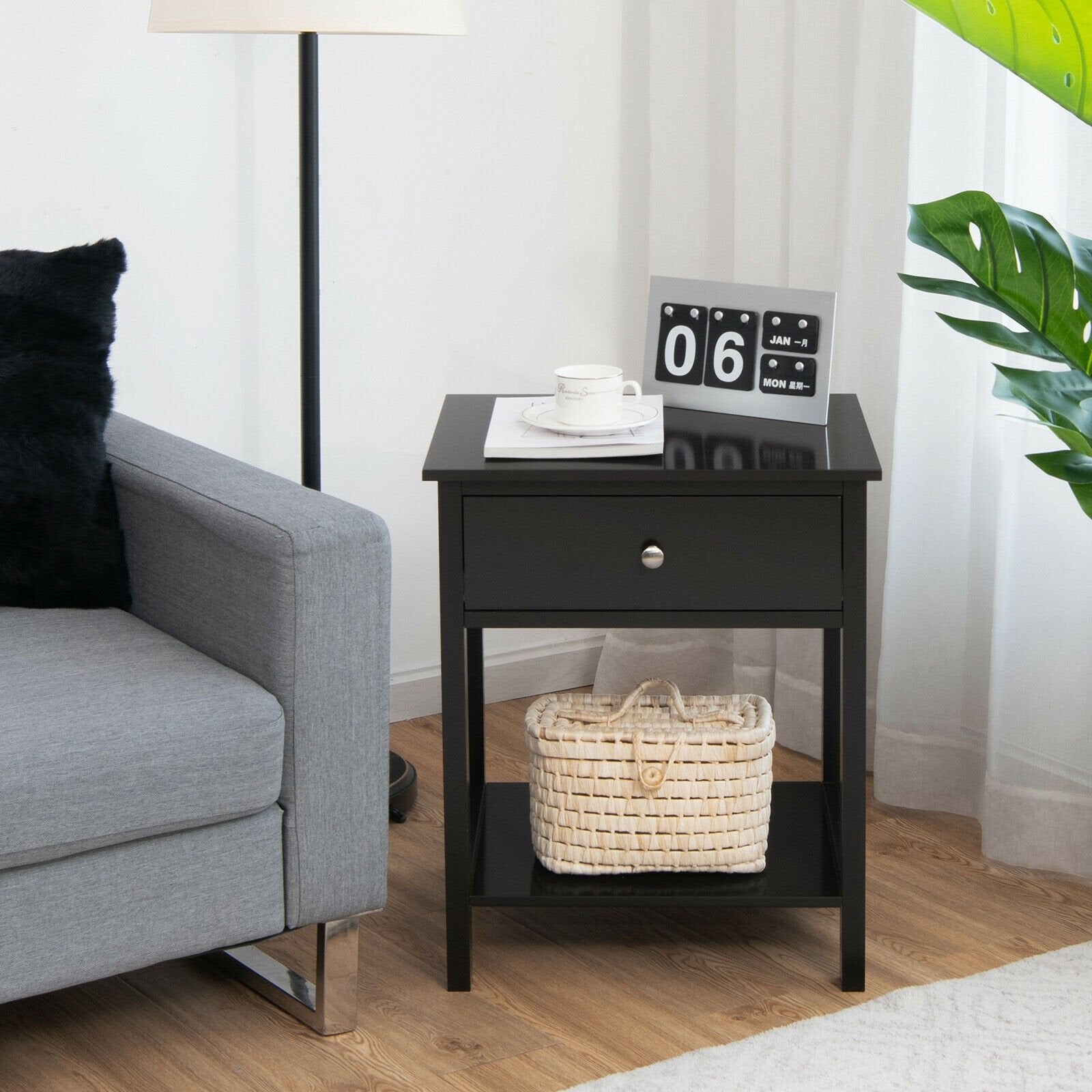 Wooden Storage Shelf with Drawer for Bedroom and Living Room, Black Nightstands   at Gallery Canada