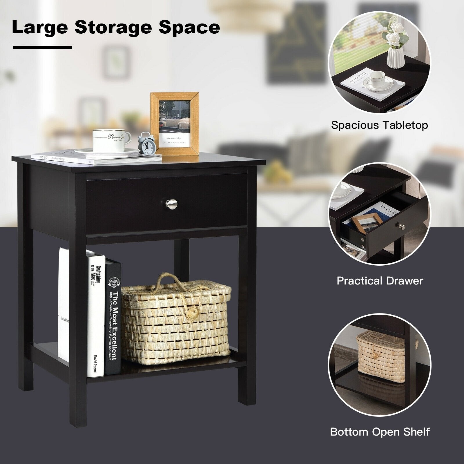 Wooden Storage Shelf with Drawer for Bedroom and Living Room, Black Nightstands   at Gallery Canada