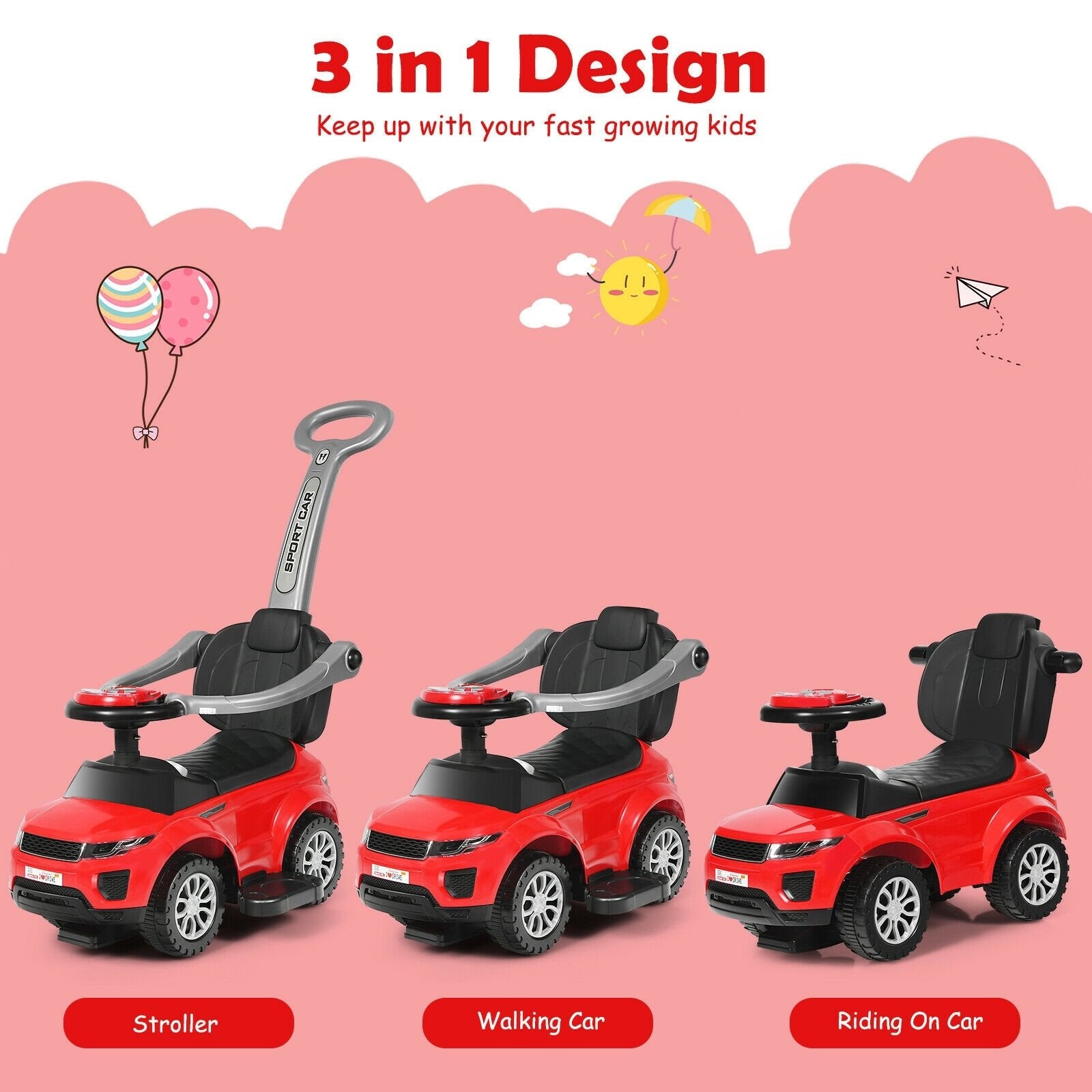 Honey Joy 3 in 1 Ride on Push Car Toddler Stroller Sliding Car with Music, Red Push & Pedal Ride On Toys   at Gallery Canada