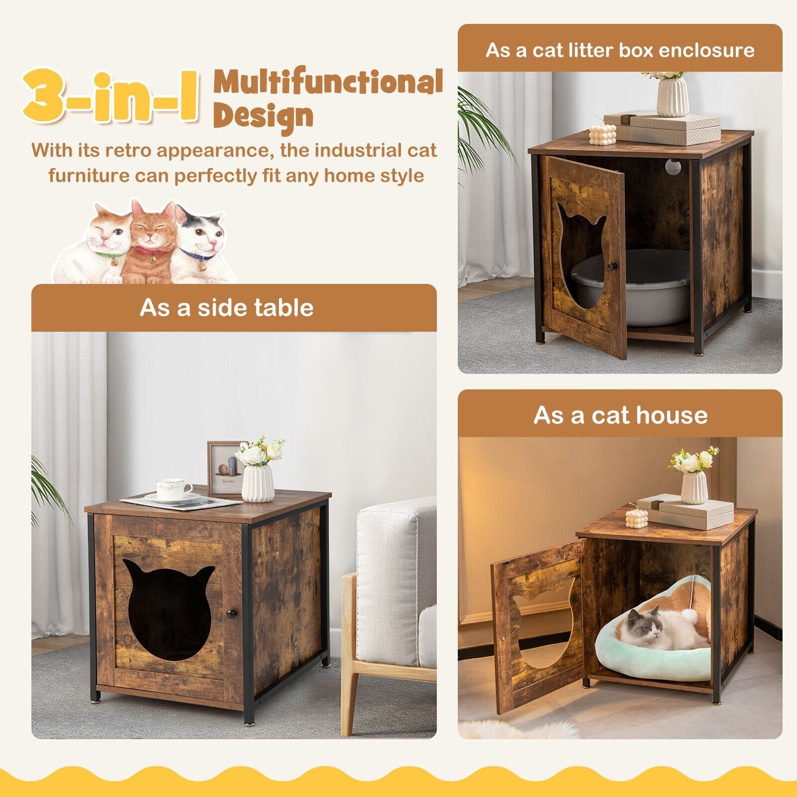 Cat Litter Box Enclosure with Door and Ventilated Hole, Brown - Gallery Canada