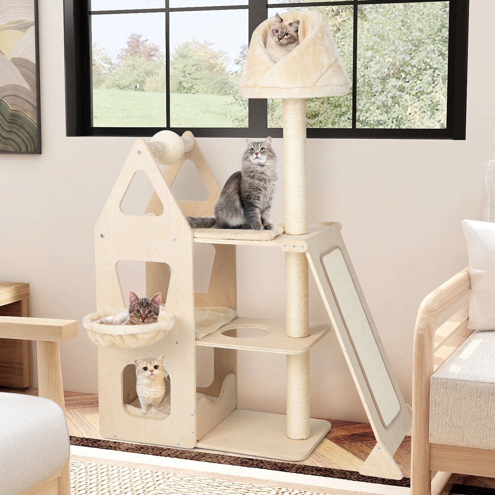 Multi-Level Cat Tree with Sisal Scratching Post, Beige Cat Trees Condos & Scratchers   at Gallery Canada