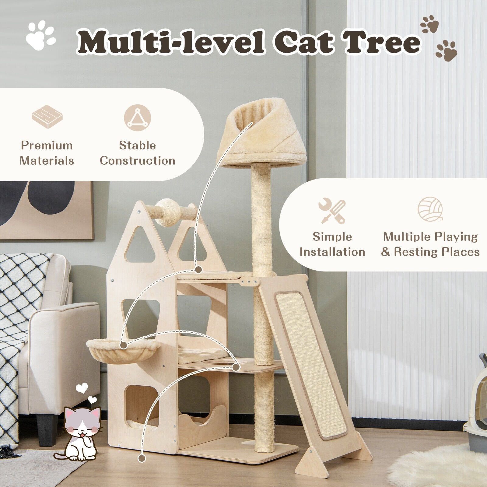 Multi-Level Cat Tree with Sisal Scratching Post, Beige Cat Trees Condos & Scratchers   at Gallery Canada