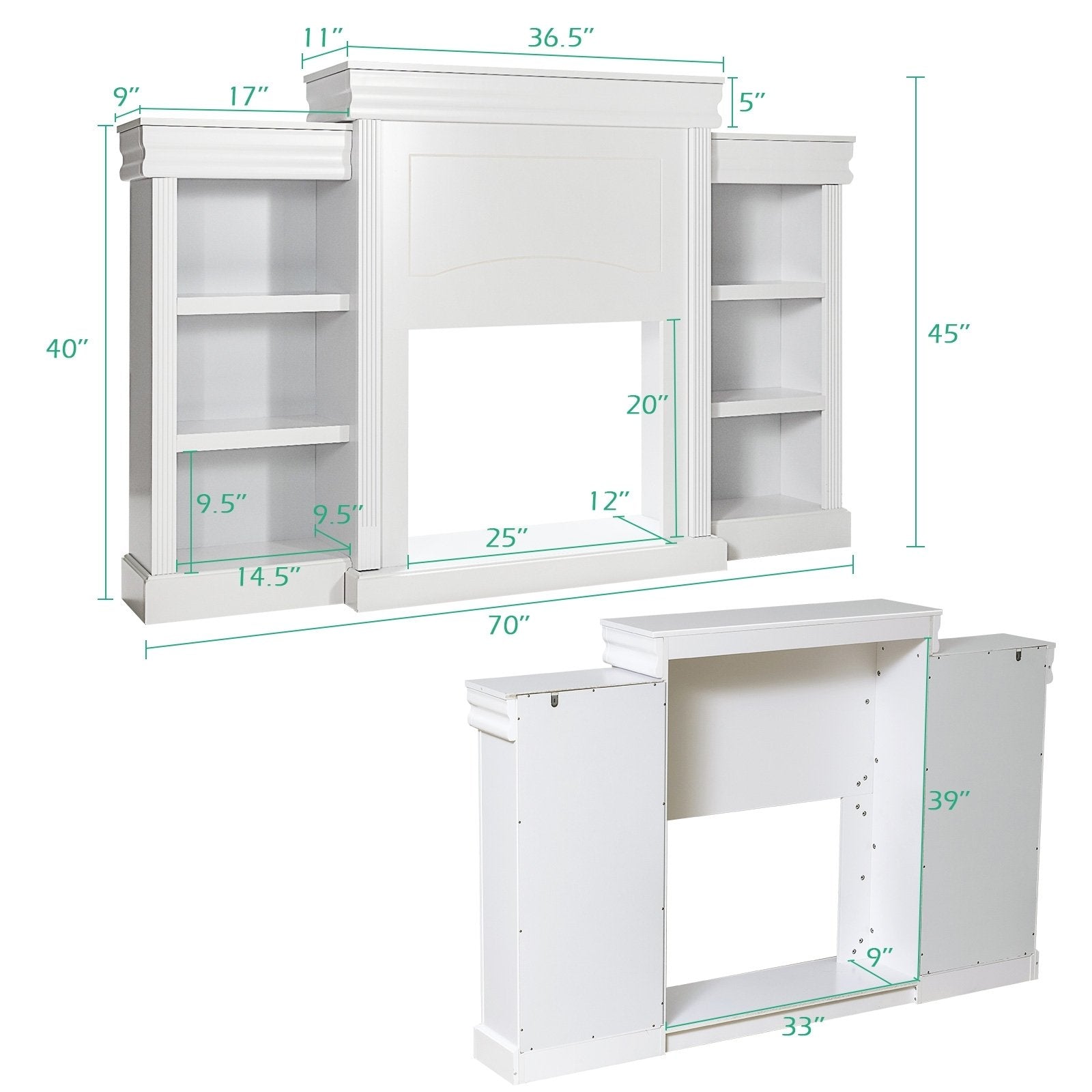 70 Inch Modern Fireplace Media Entertainment Center with Bookcase, White Entertainment Centers & TV Stands   at Gallery Canada