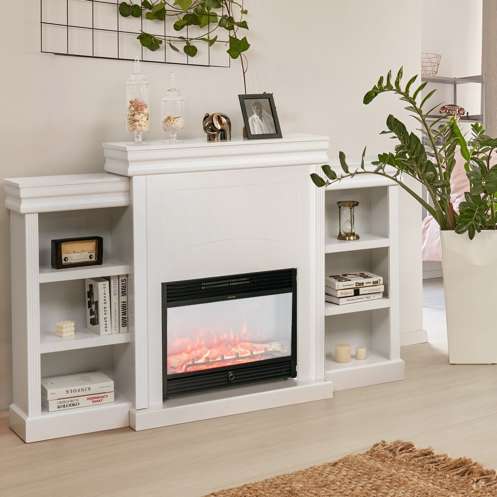 70 Inch Modern Fireplace Media Entertainment Center with Bookcase, White - Gallery Canada