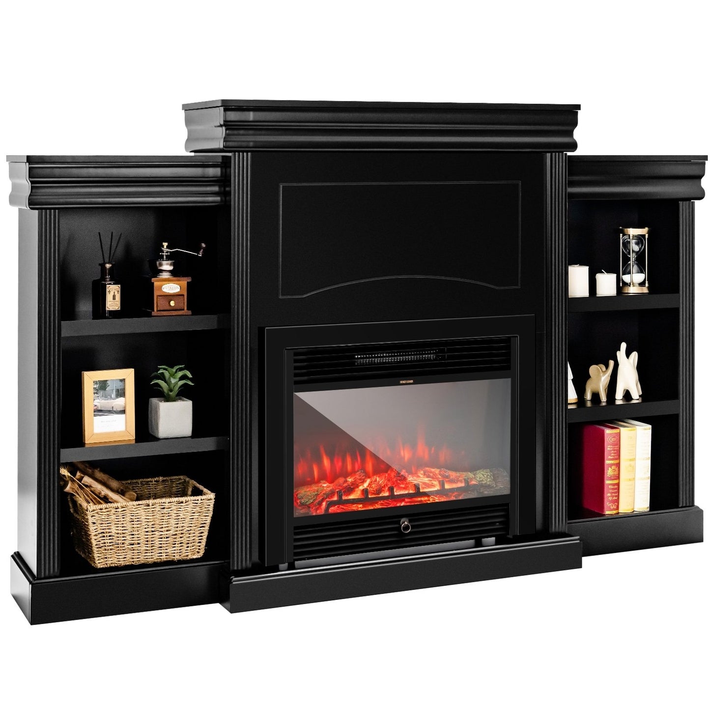 70 Inch Modern Fireplace Media Entertainment Center with Bookcase, Black Entertainment Centers & TV Stands   at Gallery Canada