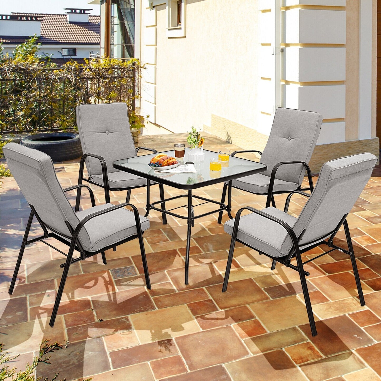 4 Patio Dining Stackable Chairs Set with High-Back Cushions, Gray Patio Dining Chairs   at Gallery Canada