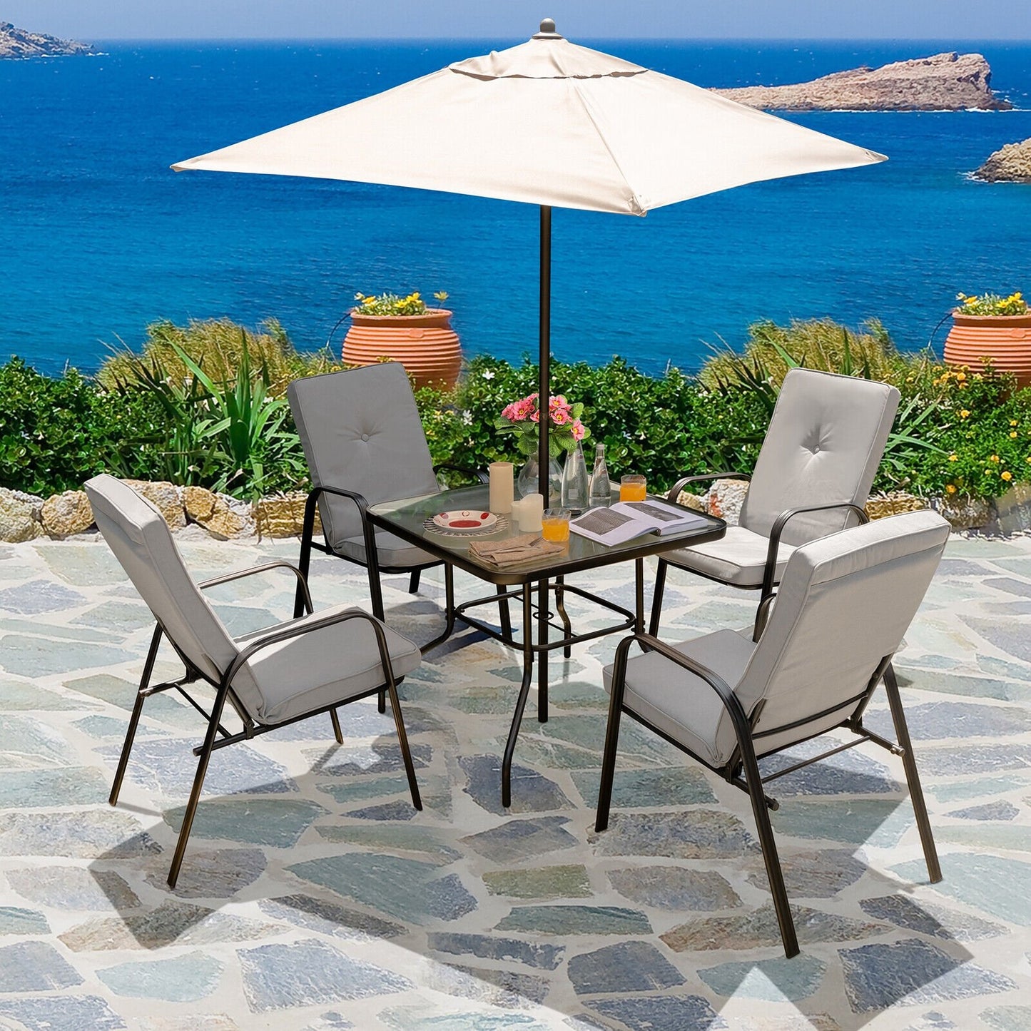 4 Patio Dining Stackable Chairs Set with High-Back Cushions, Gray Patio Dining Chairs   at Gallery Canada