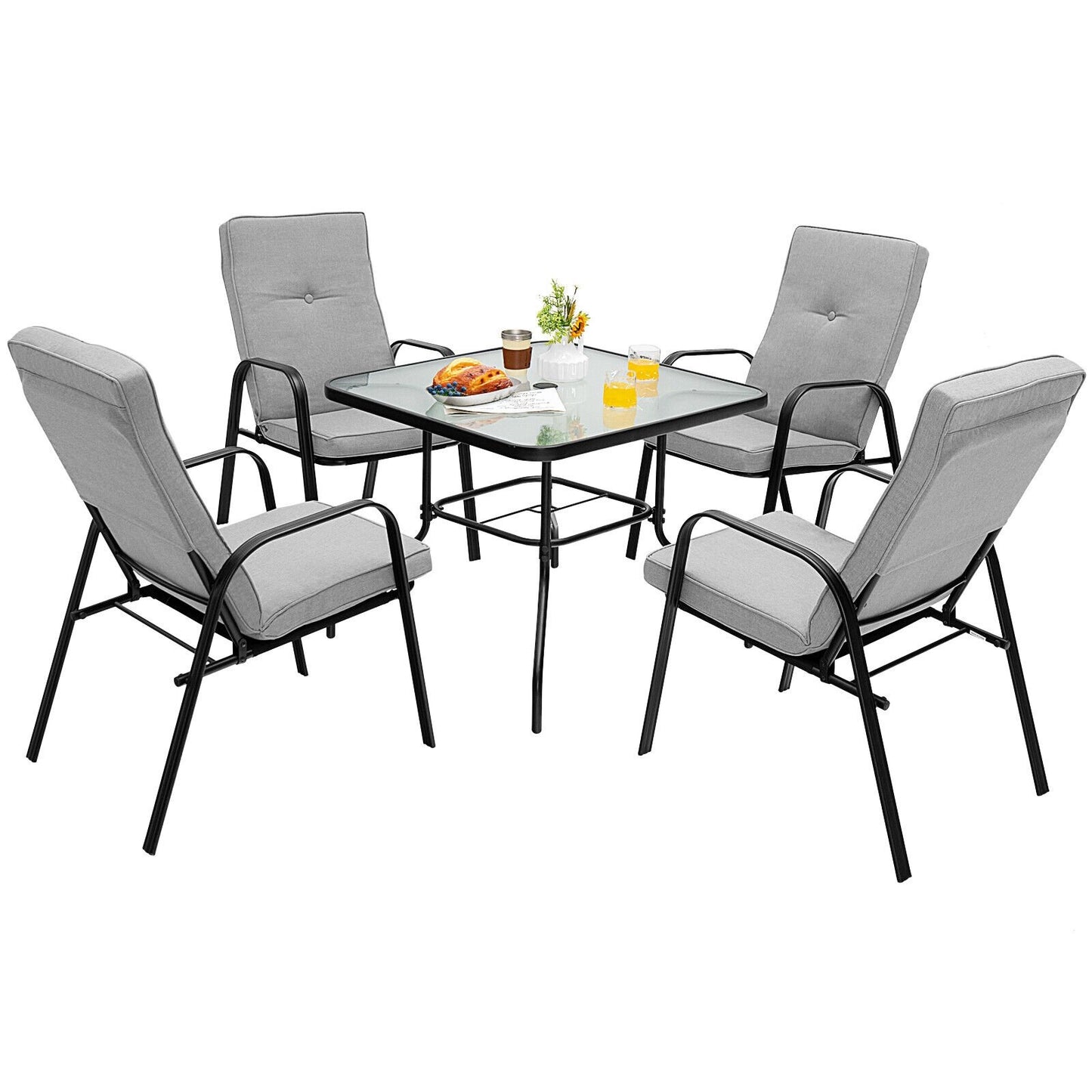 4 Patio Dining Stackable Chairs Set with High-Back Cushions, Gray Patio Dining Chairs   at Gallery Canada