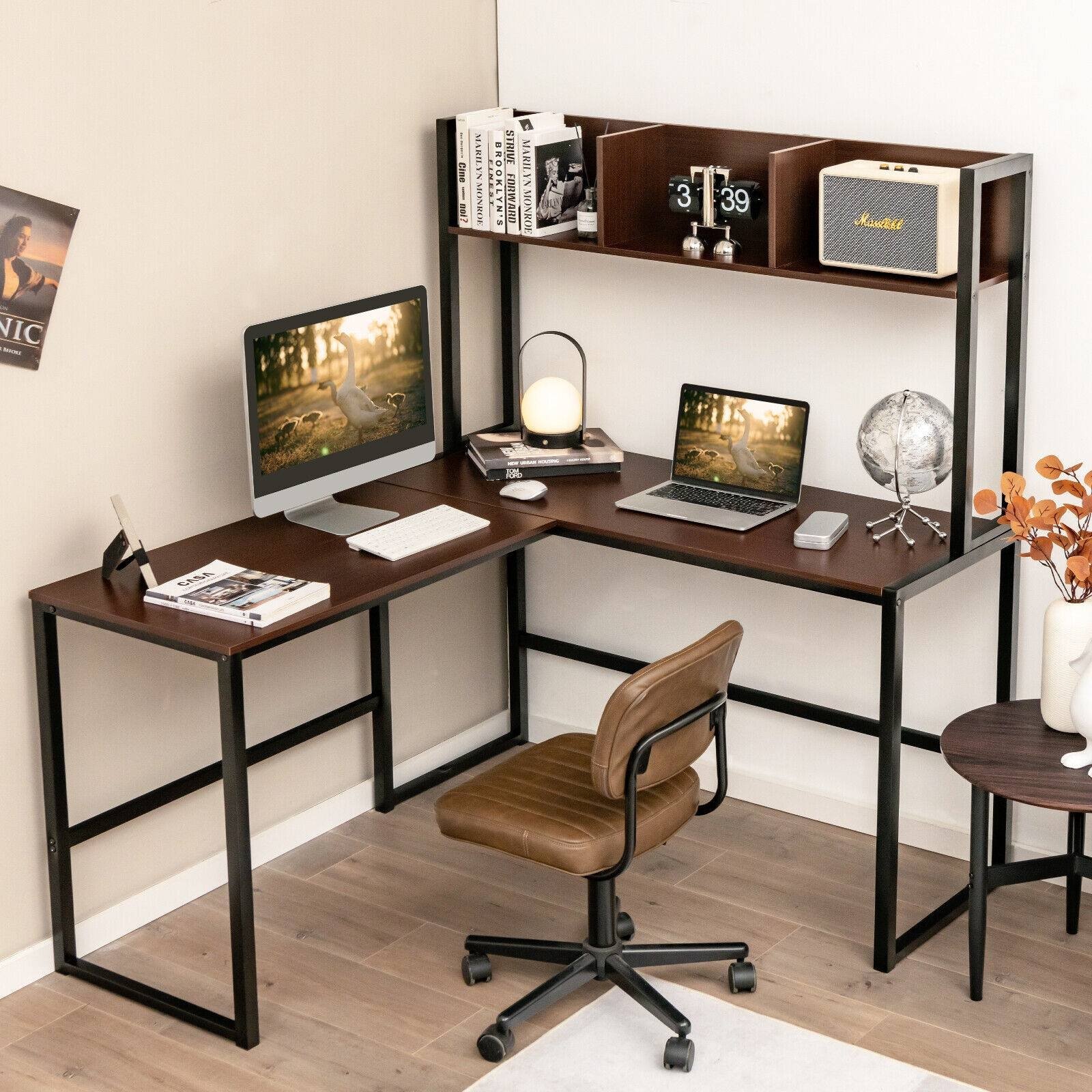 Reversible L-Shaped Corner Desk with Storage Bookshelf, Dark Brown L-Shaped Desks   at Gallery Canada