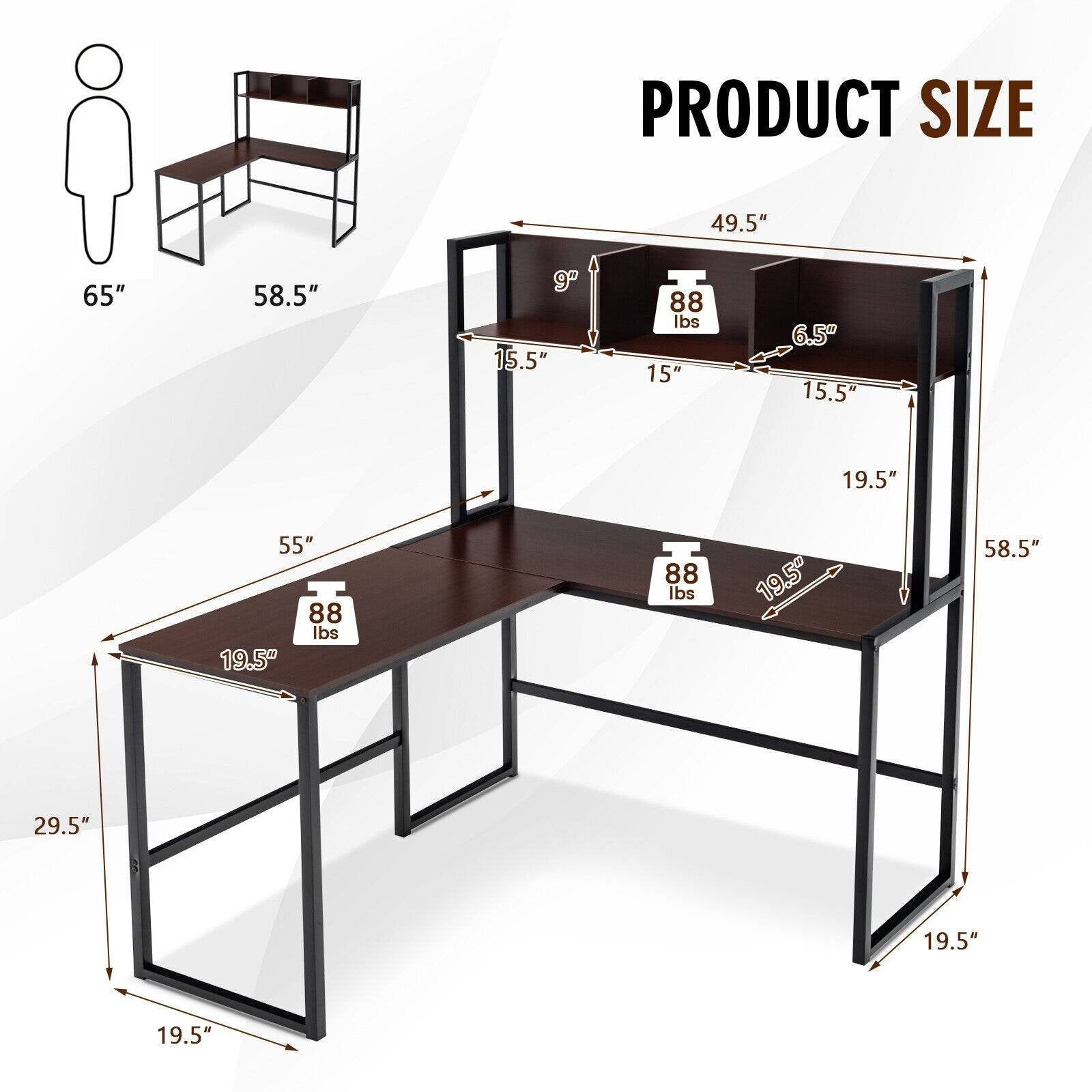 Reversible L-Shaped Corner Desk with Storage Bookshelf, Dark Brown L-Shaped Desks   at Gallery Canada