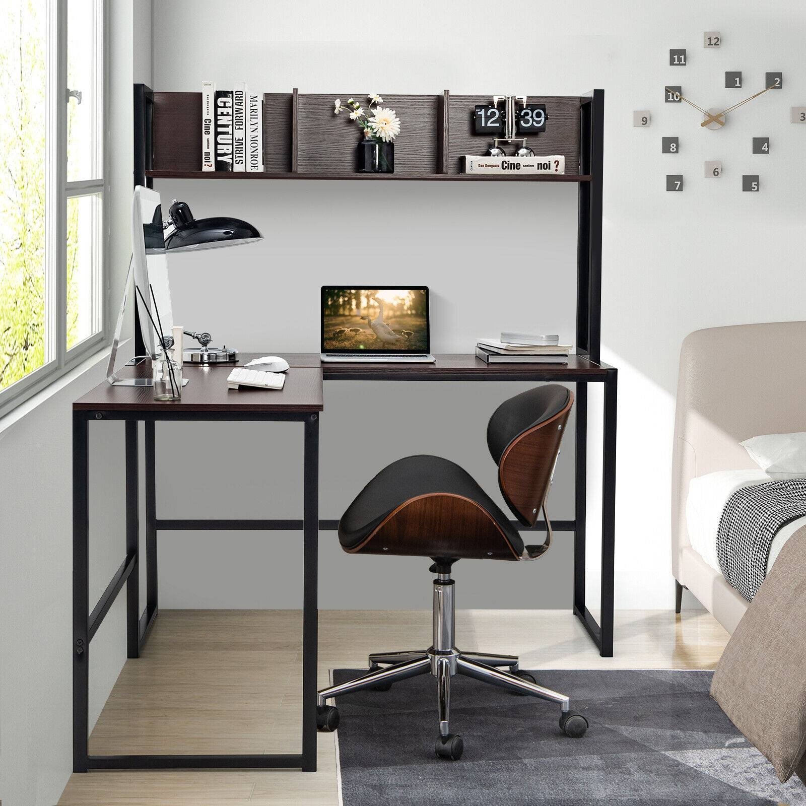 Reversible L-Shaped Corner Desk with Storage Bookshelf, Dark Brown - Gallery Canada