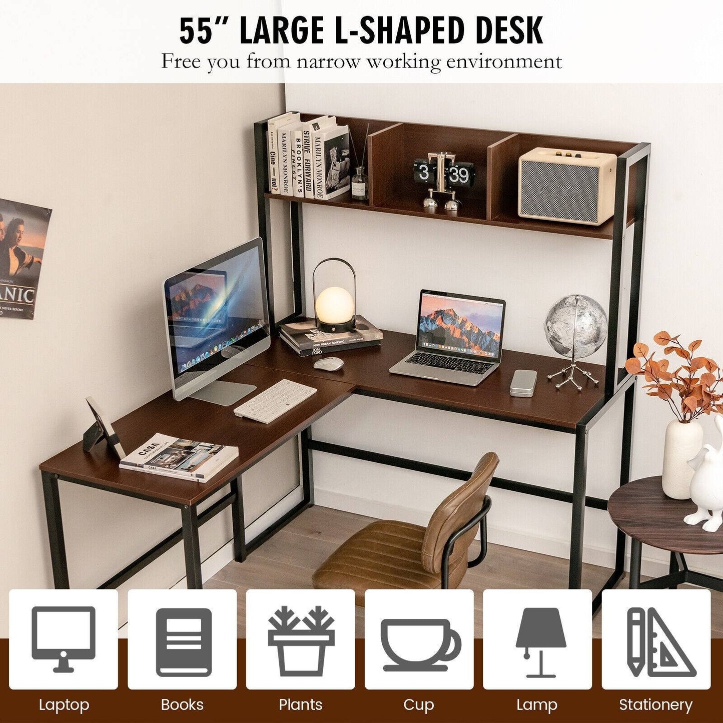 Reversible L-Shaped Corner Desk with Storage Bookshelf, Dark Brown - Gallery Canada