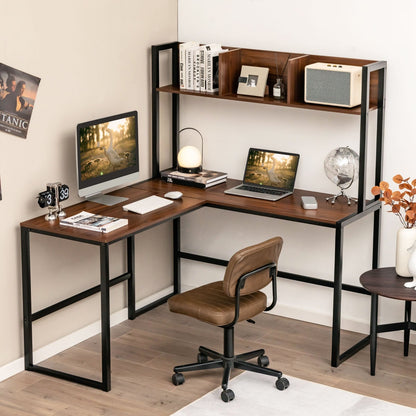 Reversible L-Shaped Corner Desk with Storage Bookshelf, Walnut L-Shaped Desks   at Gallery Canada