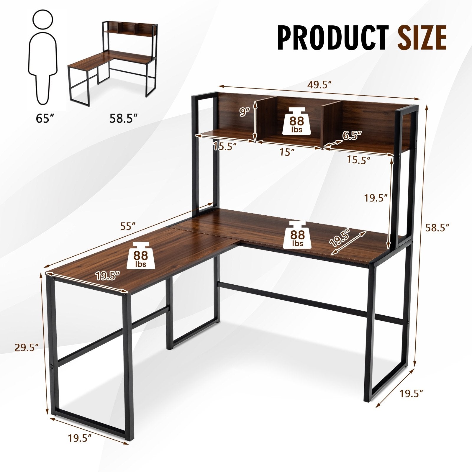 Reversible L-Shaped Corner Desk with Storage Bookshelf, Walnut L-Shaped Desks   at Gallery Canada