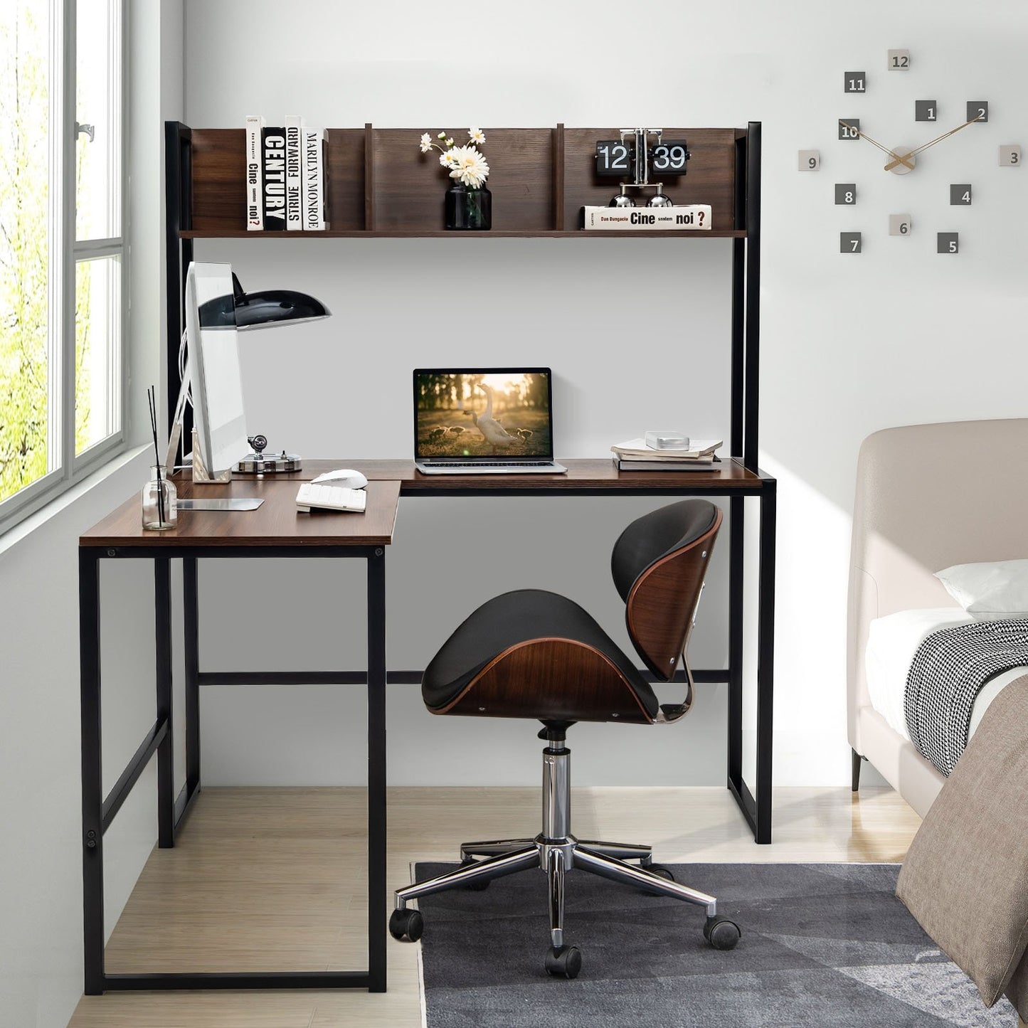 Reversible L-Shaped Corner Desk with Storage Bookshelf, Walnut L-Shaped Desks   at Gallery Canada