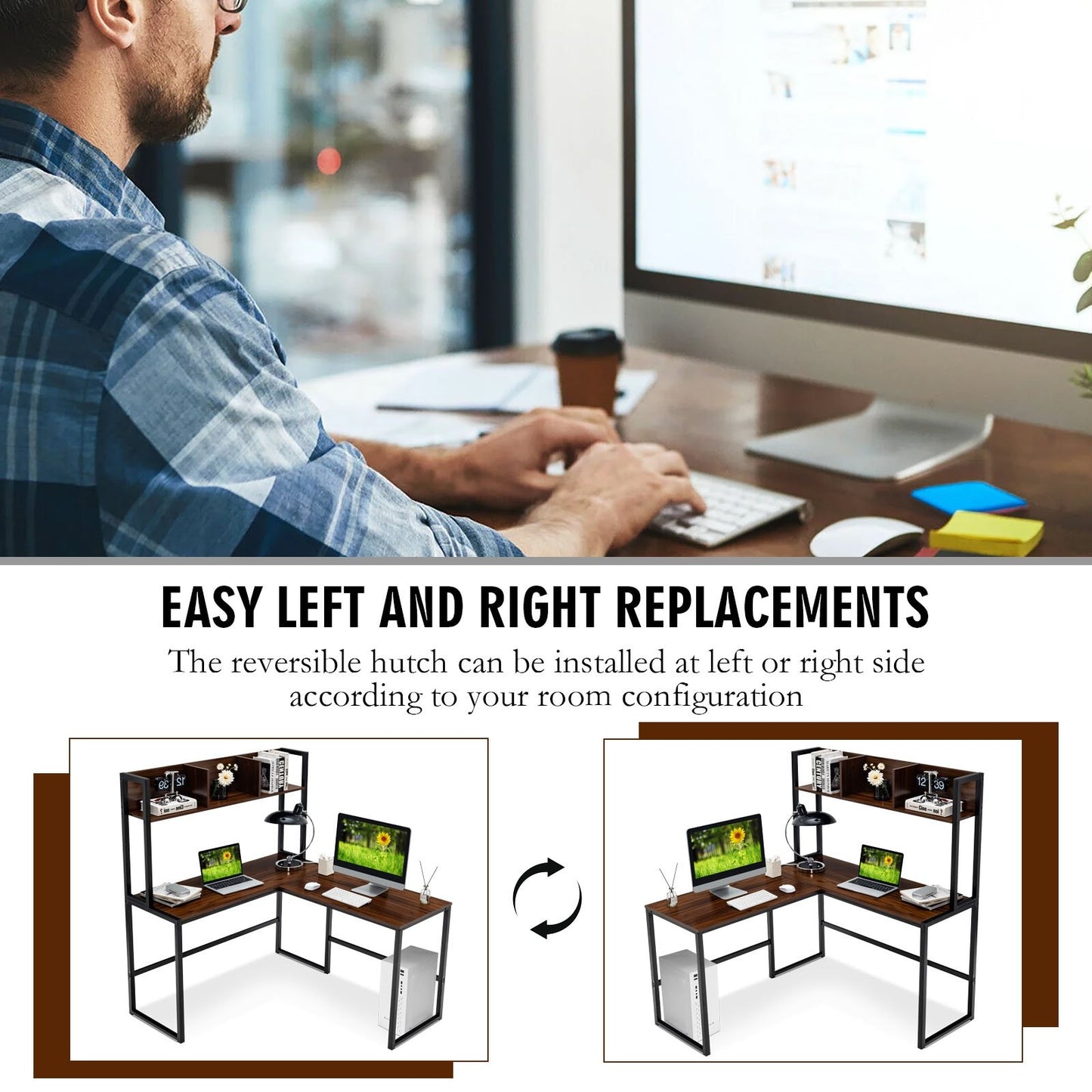 Reversible L-Shaped Corner Desk with Storage Bookshelf, Walnut L-Shaped Desks   at Gallery Canada