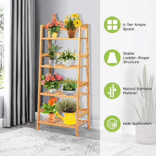 4-Tier Bamboo Plant Rack with Guardrails Stable and Space-Saving, Natural Bookcases   at Gallery Canada