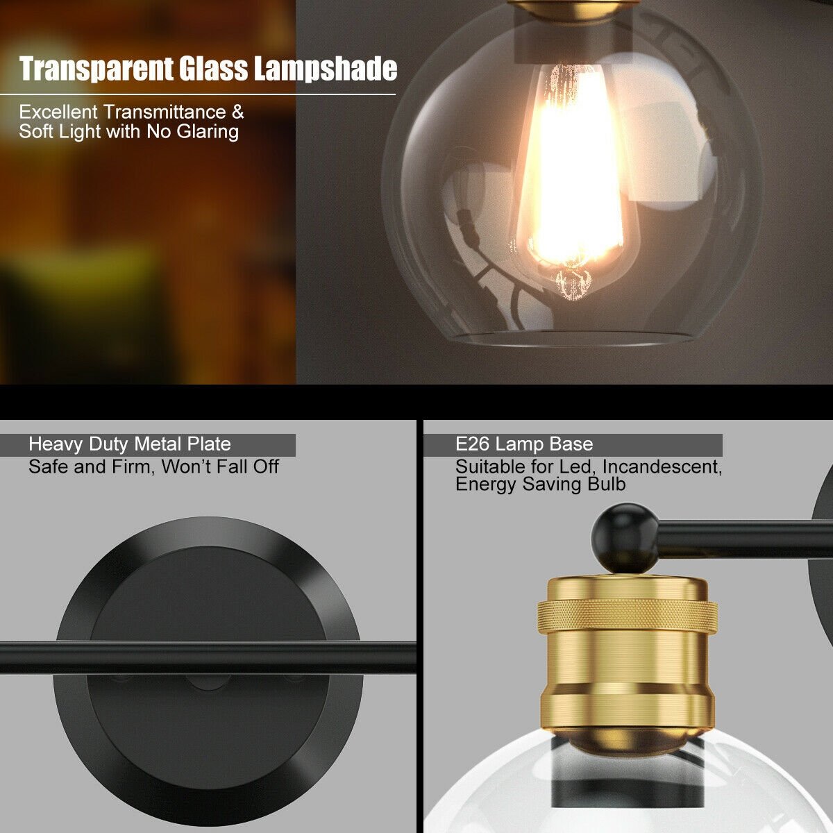 Modern 3-light Bubbled Glass Vanity Light, Black Wall Lights   at Gallery Canada