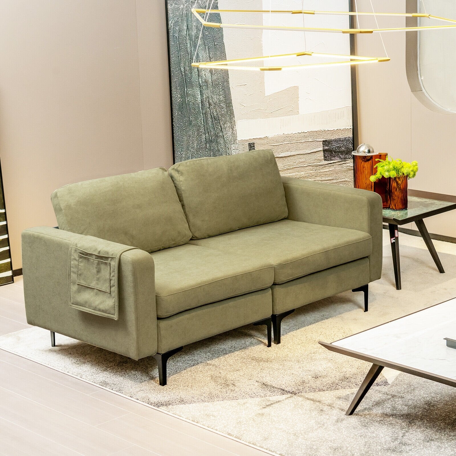 Modern Loveseat Sofa Couch with Side Storage Pocket and Sponged Padded Seat Cushions, Green Sofas & Loveseats   at Gallery Canada