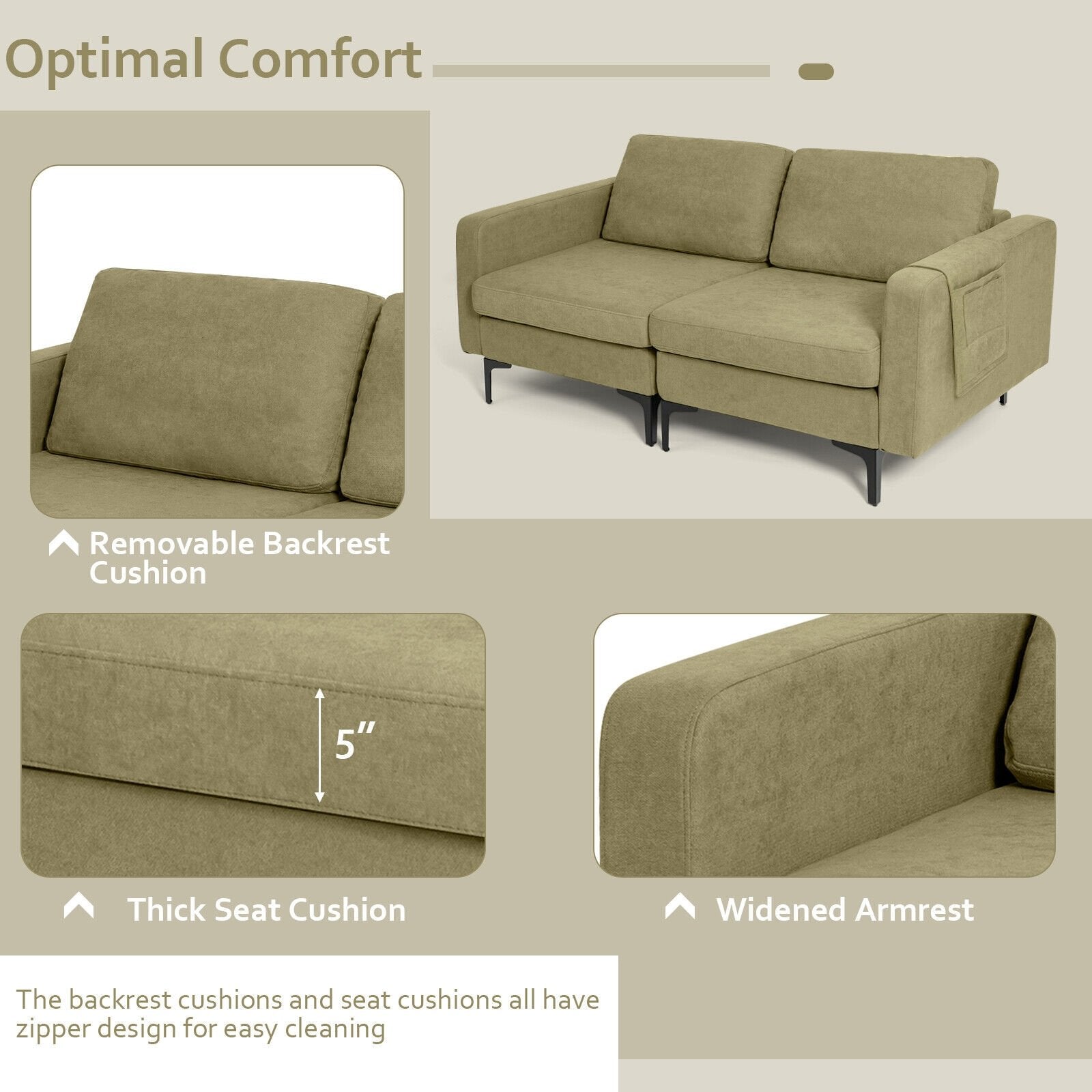 Modern Loveseat Sofa Couch with Side Storage Pocket and Sponged Padded Seat Cushions, Green Sofas & Loveseats   at Gallery Canada