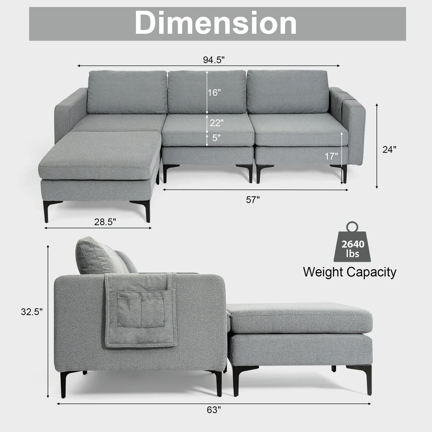 Modular L-shaped Sectional Sofa with Reversible Chaise and 2 USB Ports, Dark Gray Sofas & Loveseats   at Gallery Canada