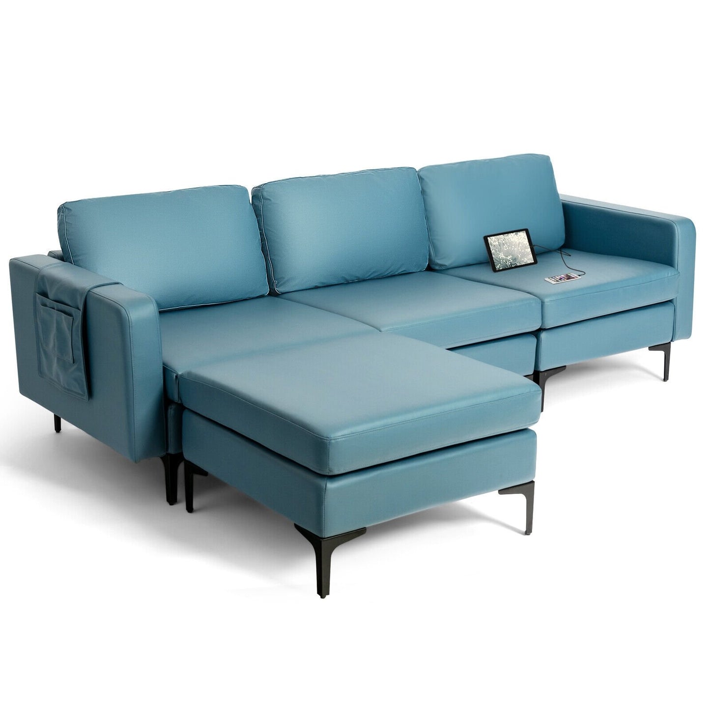 Modular L-shaped Sectional Sofa with Reversible Chaise and 2 USB Ports, Blue - Gallery Canada