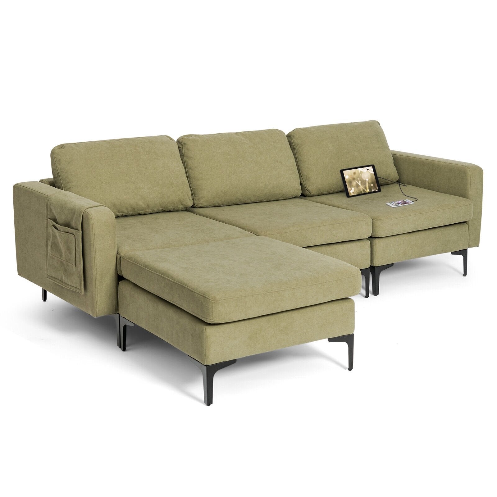 Modular L-shaped Sectional Sofa with Reversible Chaise and 2 USB Ports, Green - Gallery Canada