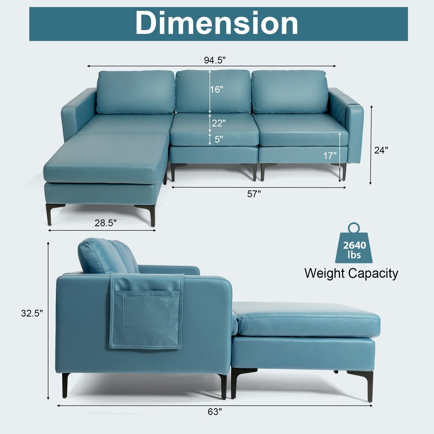 Modular L-shaped Sectional Sofa with Reversible Chaise and 2 USB Ports, Blue - Gallery Canada