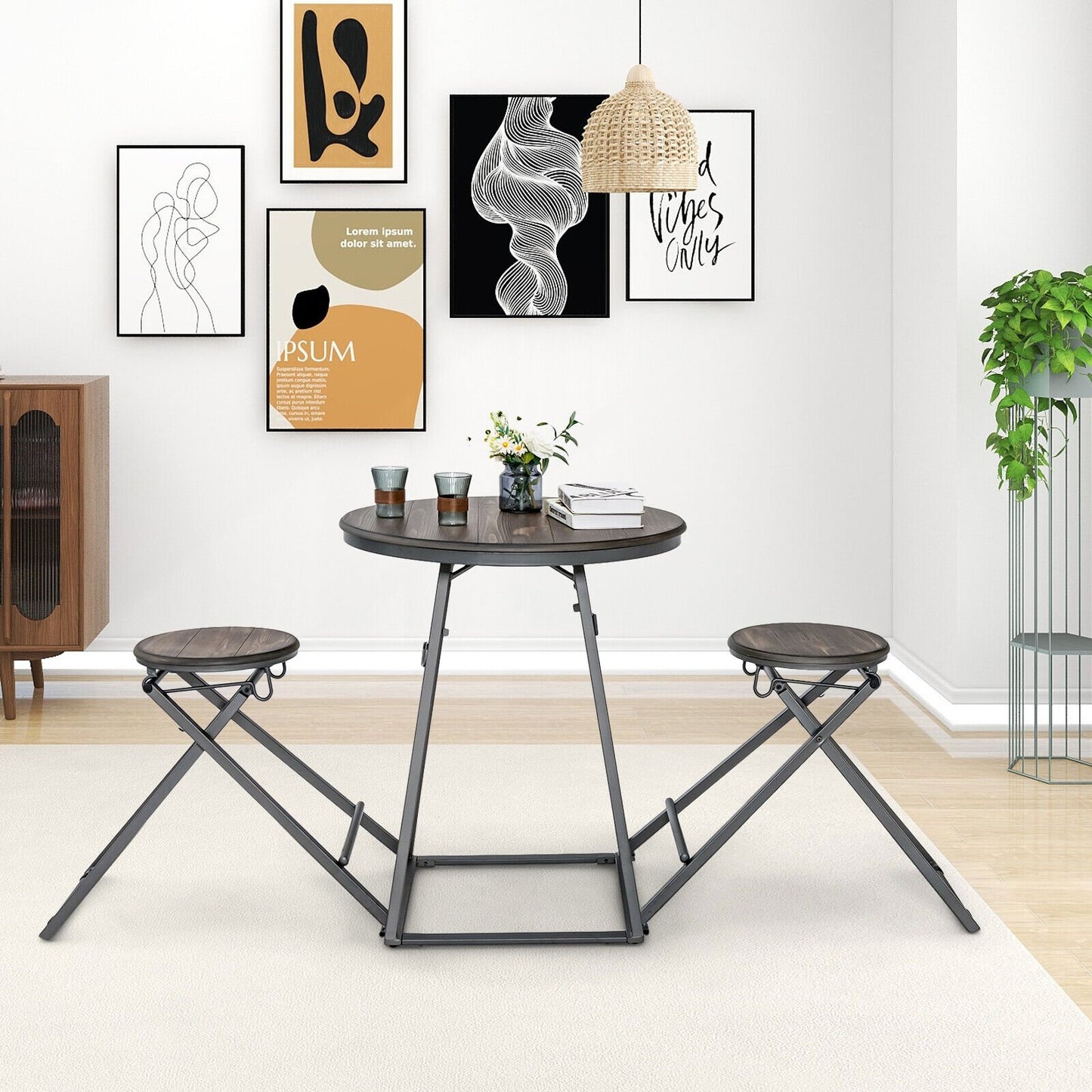 3 Pieces Dining Table Set with 2 Foldable Stools for Small Space, Gray - Gallery Canada