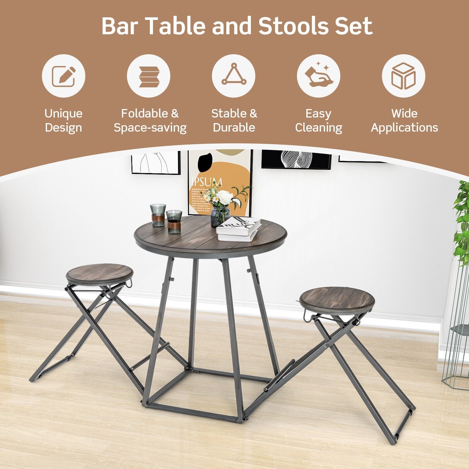 3 Pieces Dining Table Set with 2 Foldable Stools for Small Space, Gray Dining Room Sets   at Gallery Canada