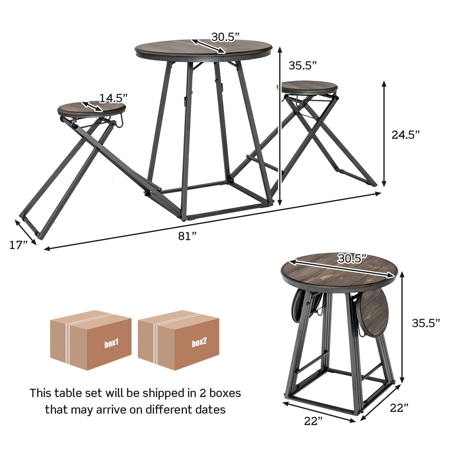 3 Pieces Dining Table Set with 2 Foldable Stools for Small Space, Gray - Gallery Canada