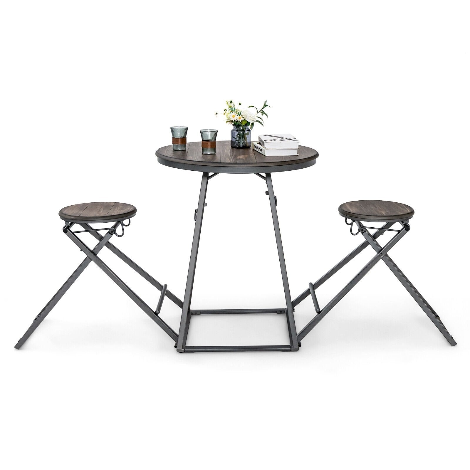 3 Pieces Dining Table Set with 2 Foldable Stools for Small Space, Gray Dining Room Sets   at Gallery Canada