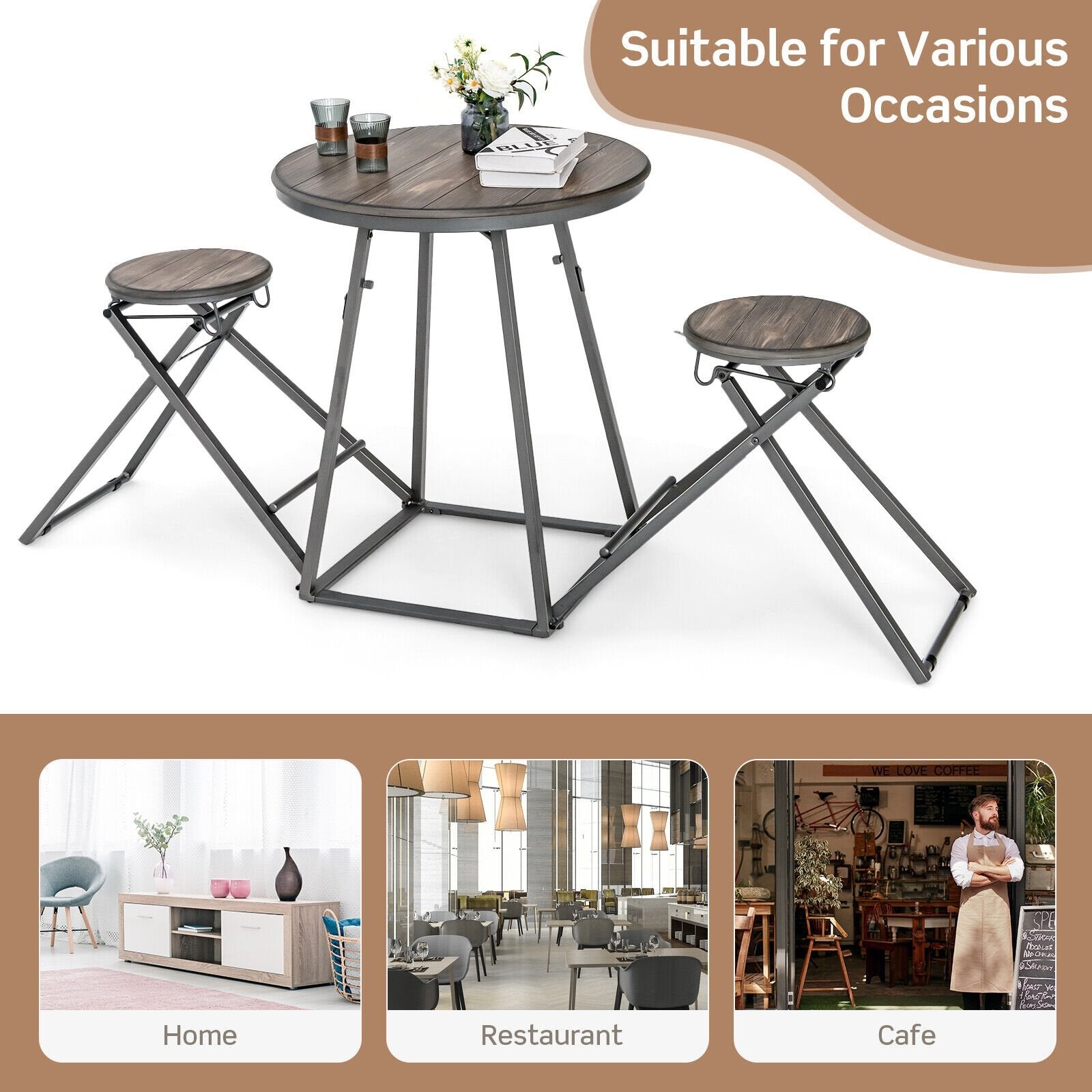 3 Pieces Dining Table Set with 2 Foldable Stools for Small Space, Gray - Gallery Canada