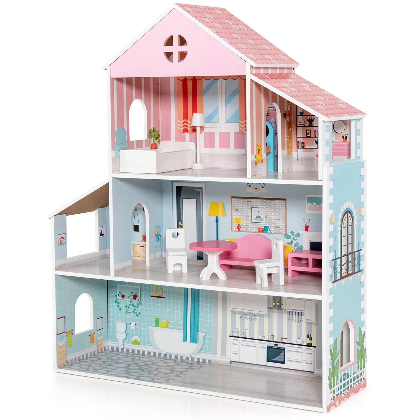 3-Tier Toddler Doll House with Furniture Gift for Age over 3, Multicolor Play Tents & Playhouse   at Gallery Canada