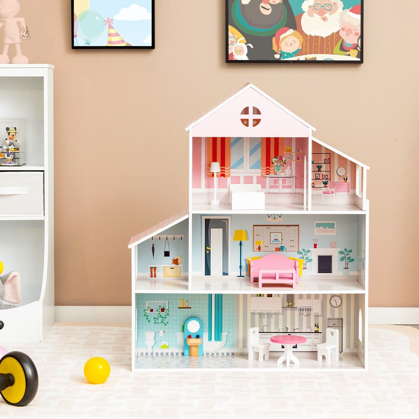 3-Tier Toddler Doll House with Furniture Gift for Age over 3, Multicolor Play Tents & Playhouse   at Gallery Canada