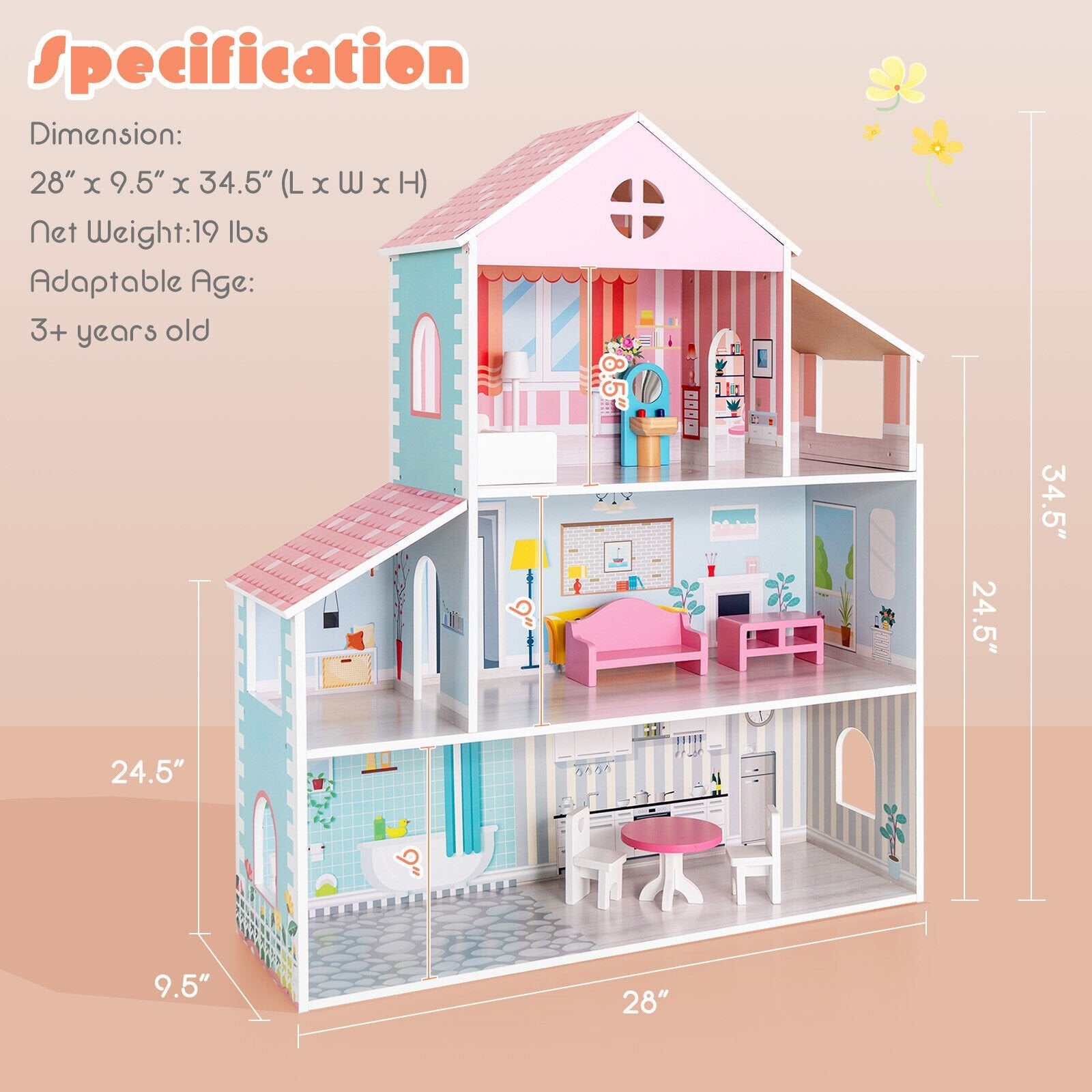 3-Tier Toddler Doll House with Furniture Gift for Age over 3, Multicolor Play Tents & Playhouse   at Gallery Canada