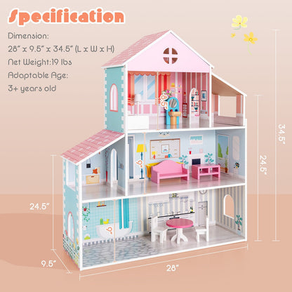 3-Tier Toddler Doll House with Furniture Gift for Age over 3, Multicolor - Gallery Canada
