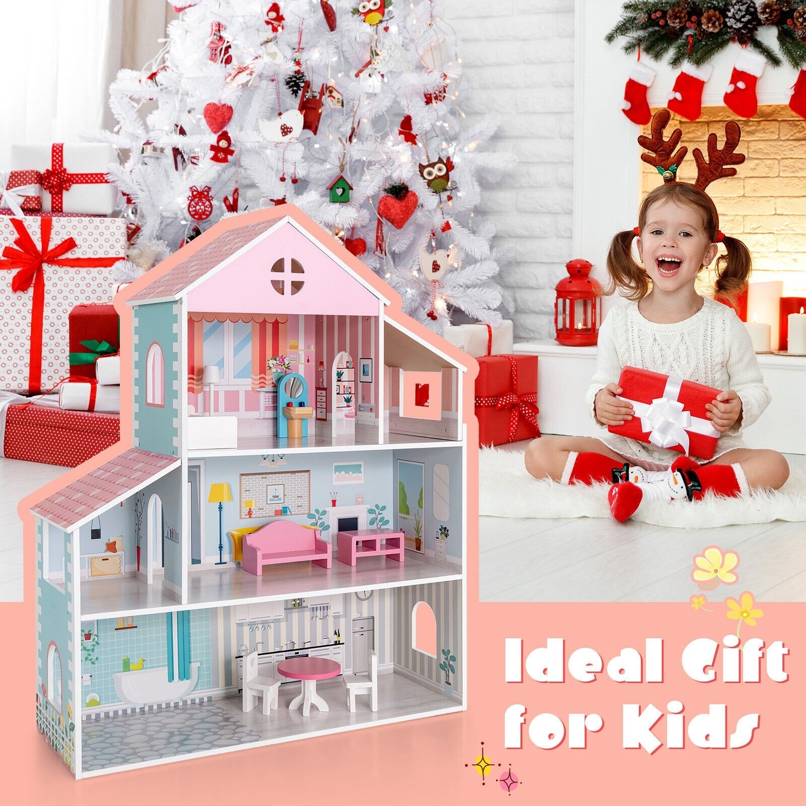 3-Tier Toddler Doll House with Furniture Gift for Age over 3, Multicolor Play Tents & Playhouse   at Gallery Canada