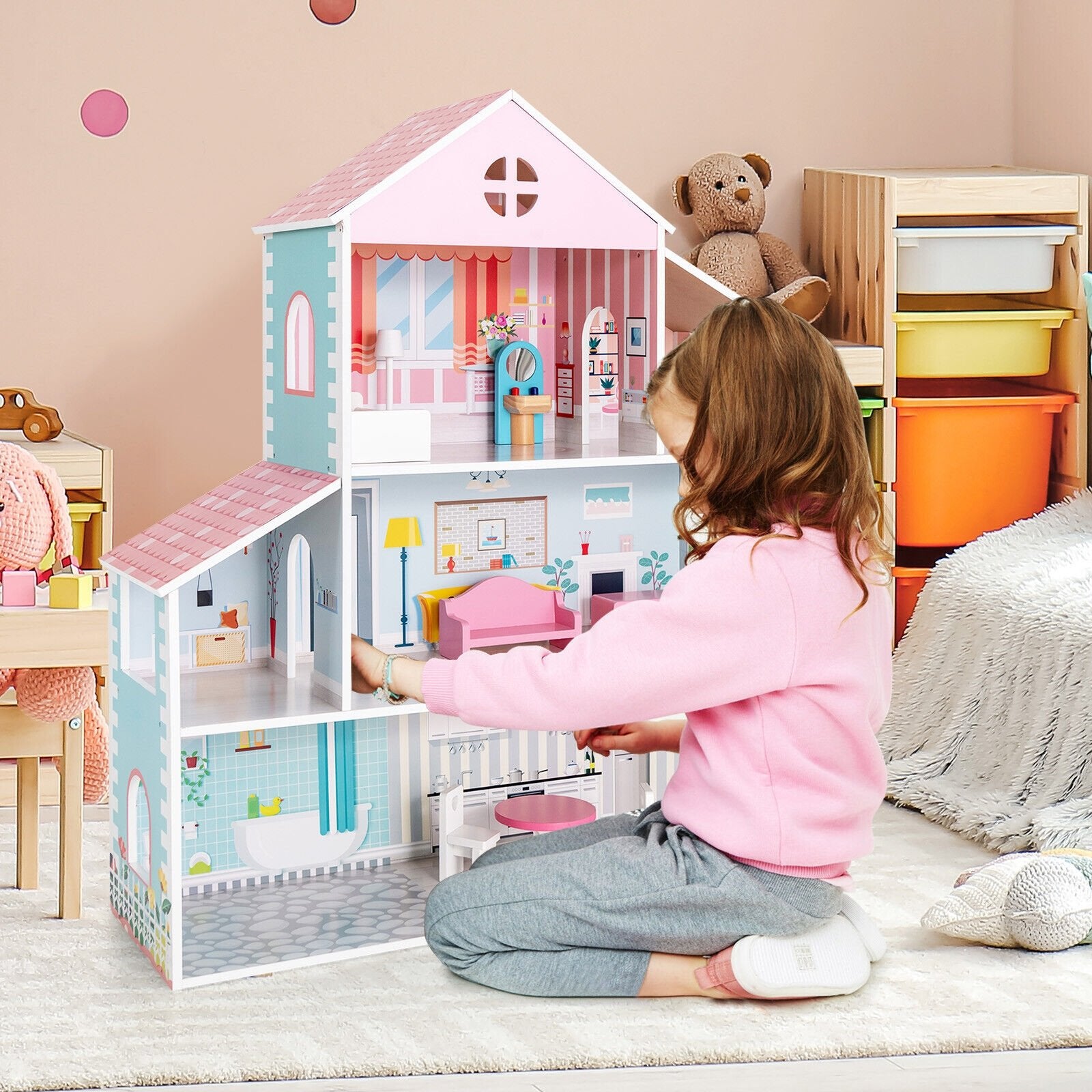 3-Tier Toddler Doll House with Furniture Gift for Age over 3, Multicolor Play Tents & Playhouse   at Gallery Canada