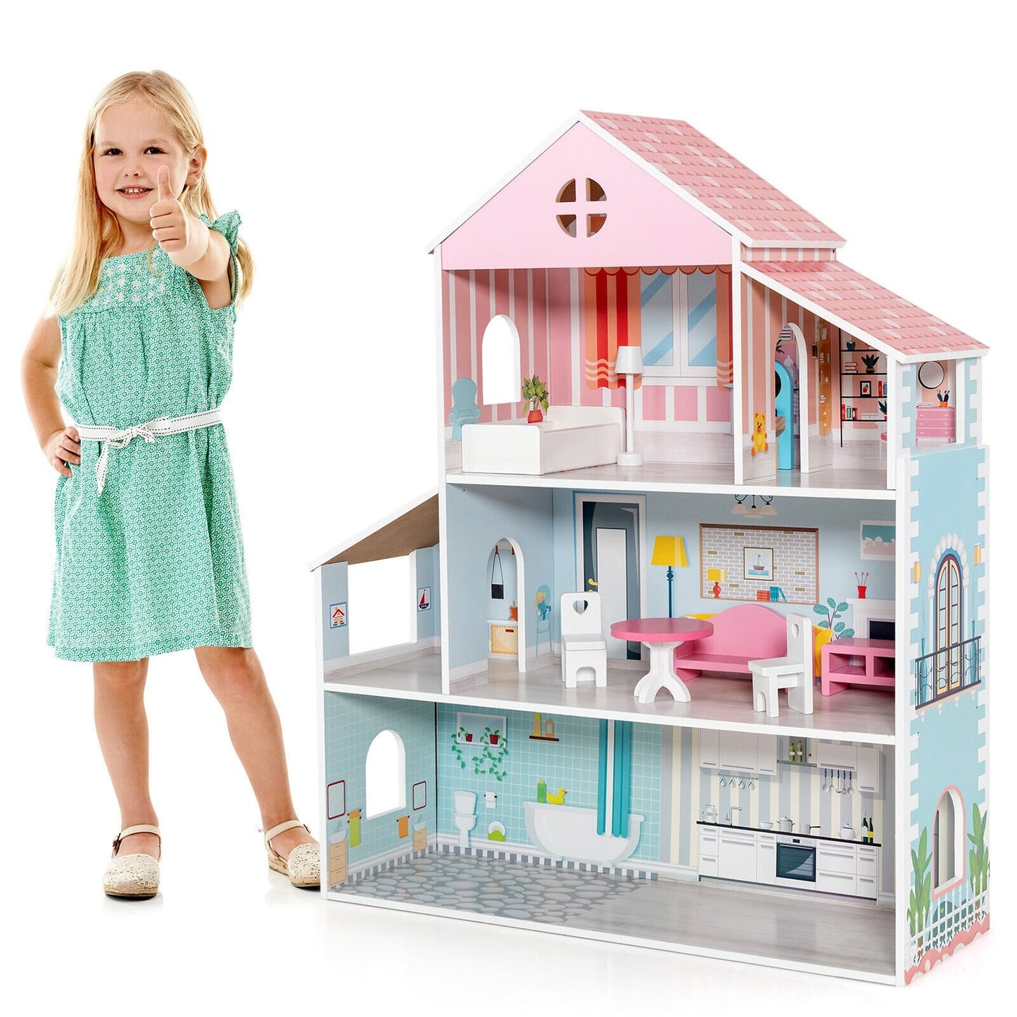 3-Tier Toddler Doll House with Furniture Gift for Age over 3, Multicolor Play Tents & Playhouse   at Gallery Canada