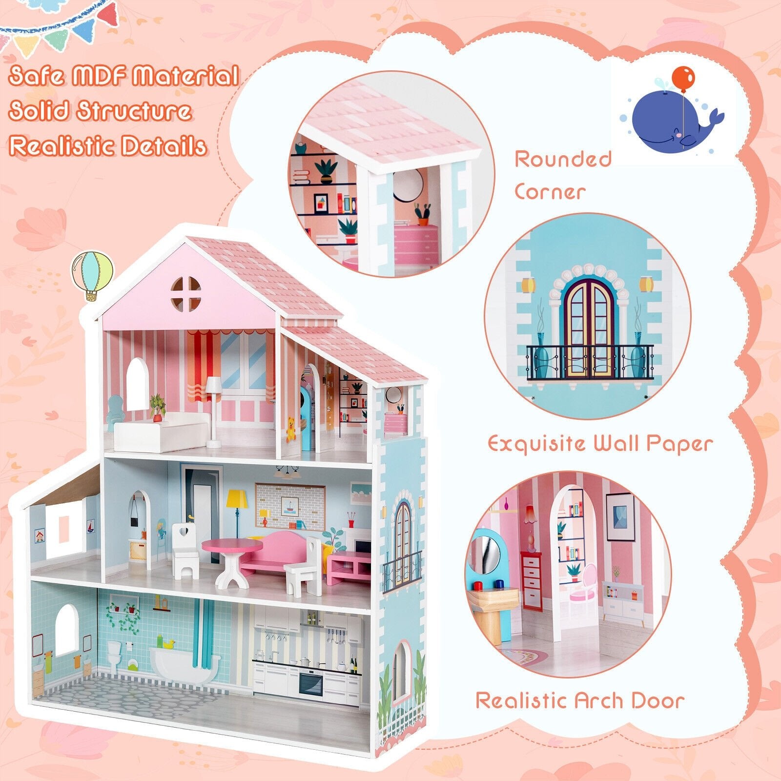 3-Tier Toddler Doll House with Furniture Gift for Age over 3, Multicolor Play Tents & Playhouse   at Gallery Canada