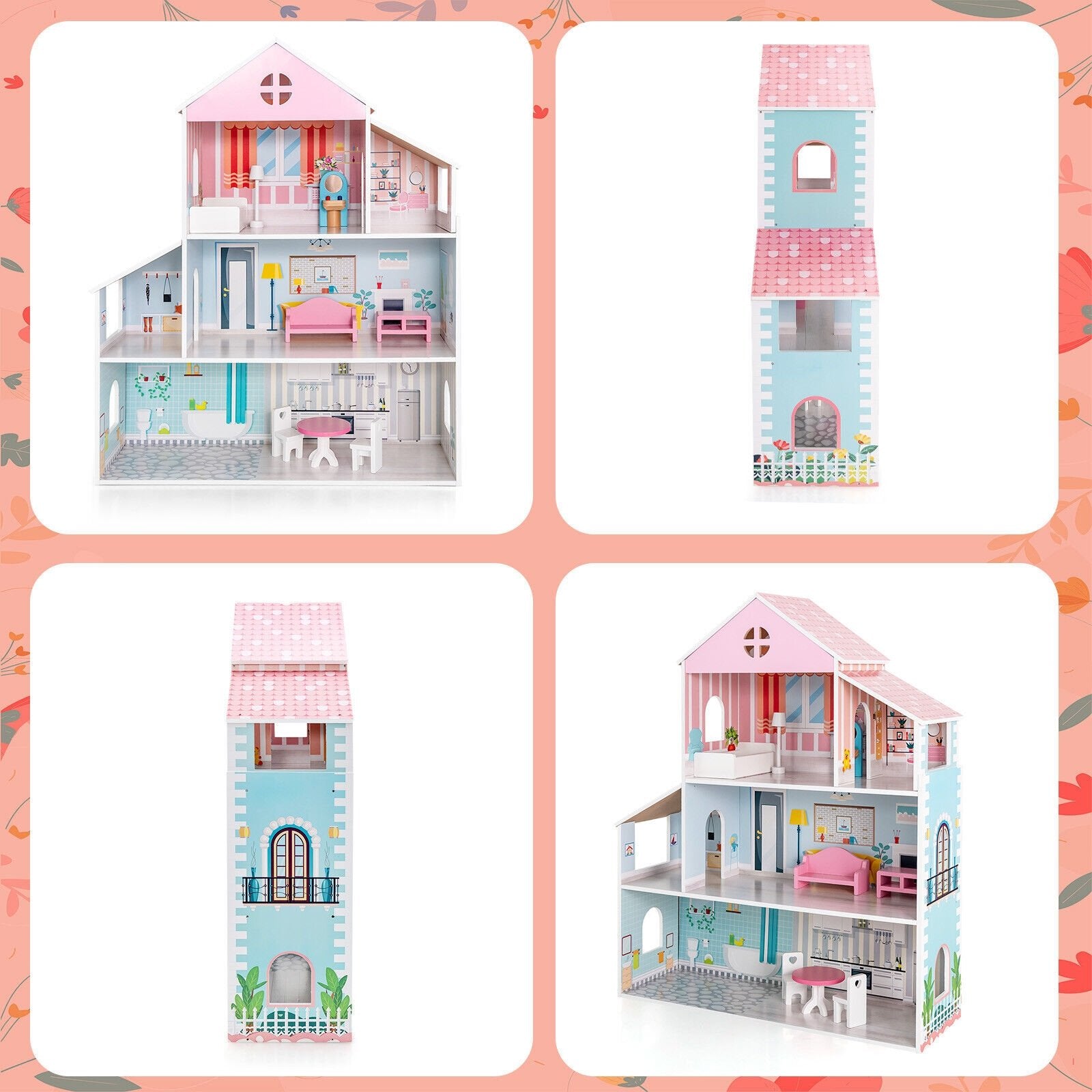 3-Tier Toddler Doll House with Furniture Gift for Age over 3, Multicolor Play Tents & Playhouse   at Gallery Canada