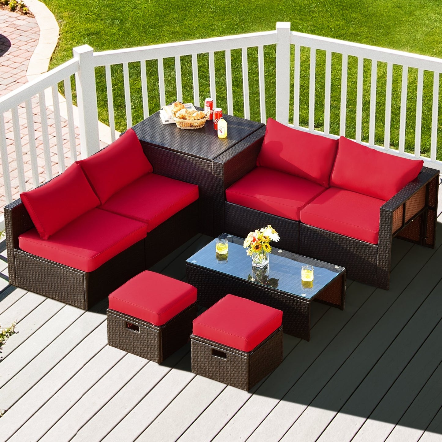 8 Pieces Patio Space-Saving Rattan Furniture Set with Storage Box and Waterproof Cover, Red Outdoor Sectionals   at Gallery Canada