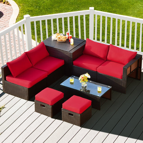 8 Pieces Patio Space-Saving Rattan Furniture Set with Storage Box and Waterproof Cover, Red